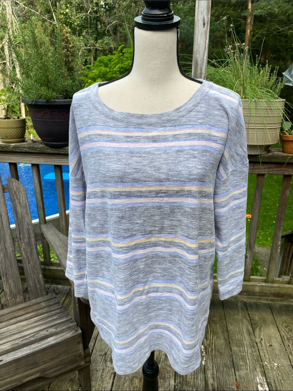 Talbots Heather Gray Boatneck Sweater with Pastel Stripes